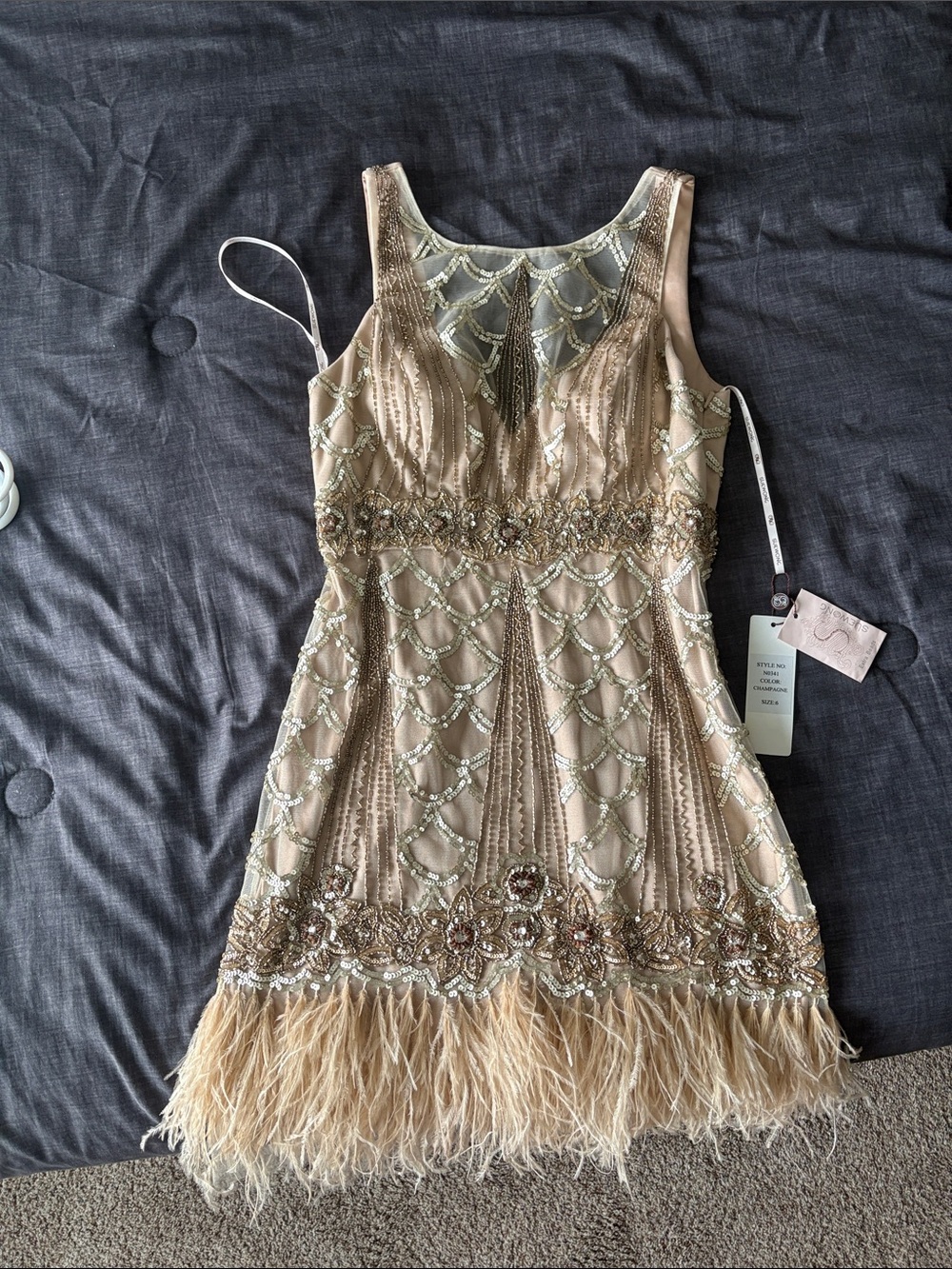 NWT Sue Wong champagne beaded flapper dress size 6